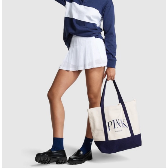 PINK Navy and Cream Canvas Tote And Hat Set - Picture 2 of 8